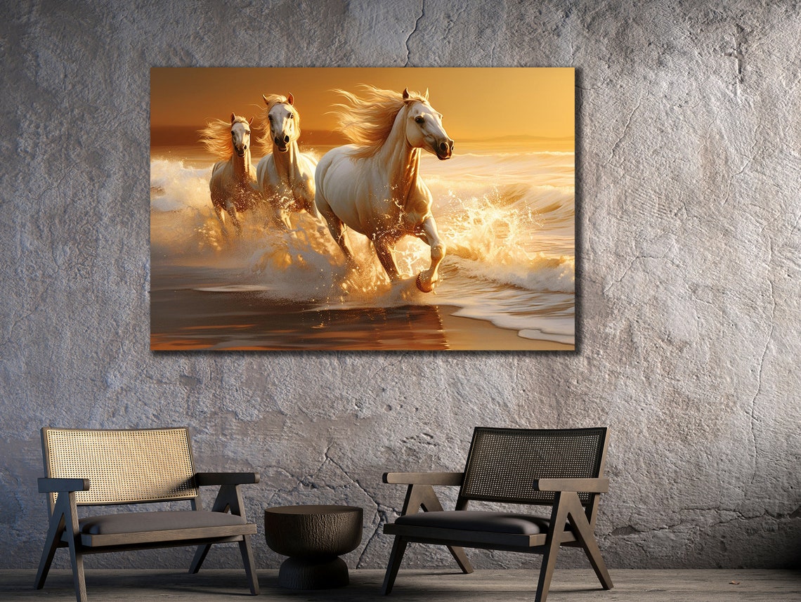 White Horses Running Ocean Waves Golden Sunset Beach Art Poster - Image 2