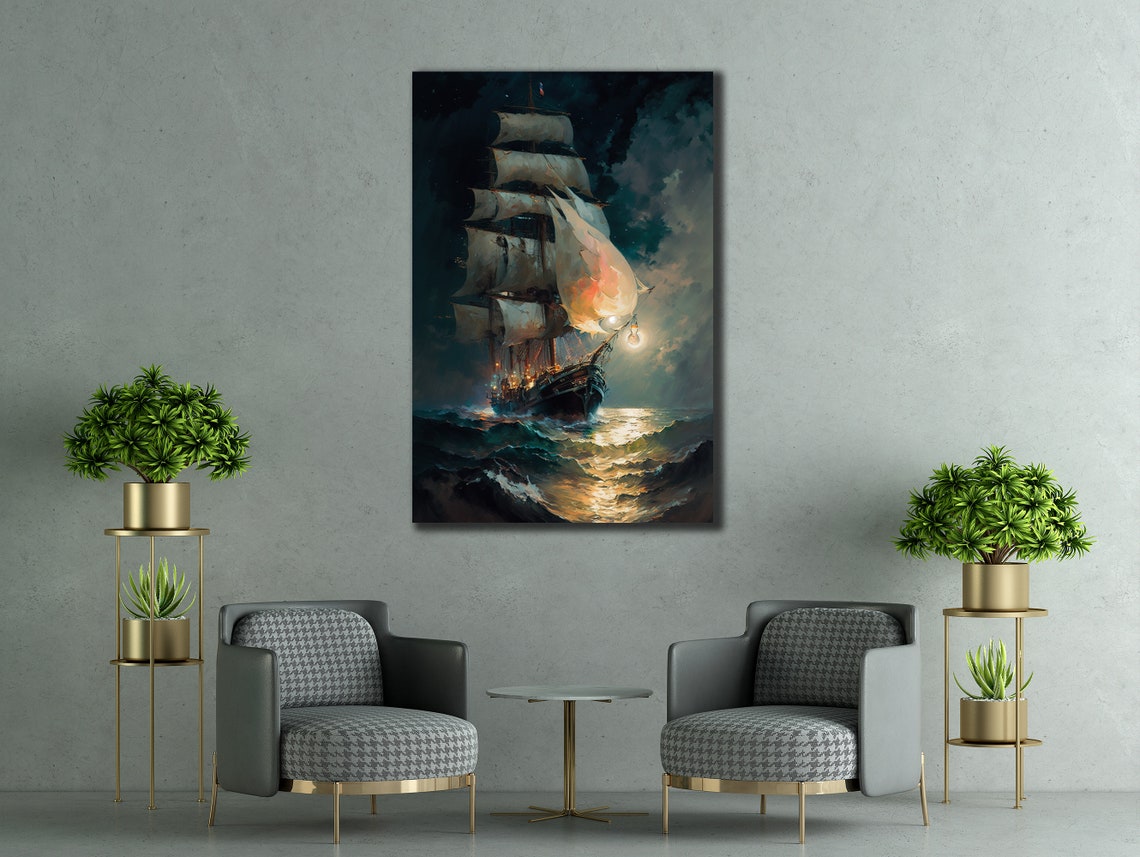 Vintage Tall Ship Moonlit Ocean Night Seascape Oil Painting Poster - Image 2