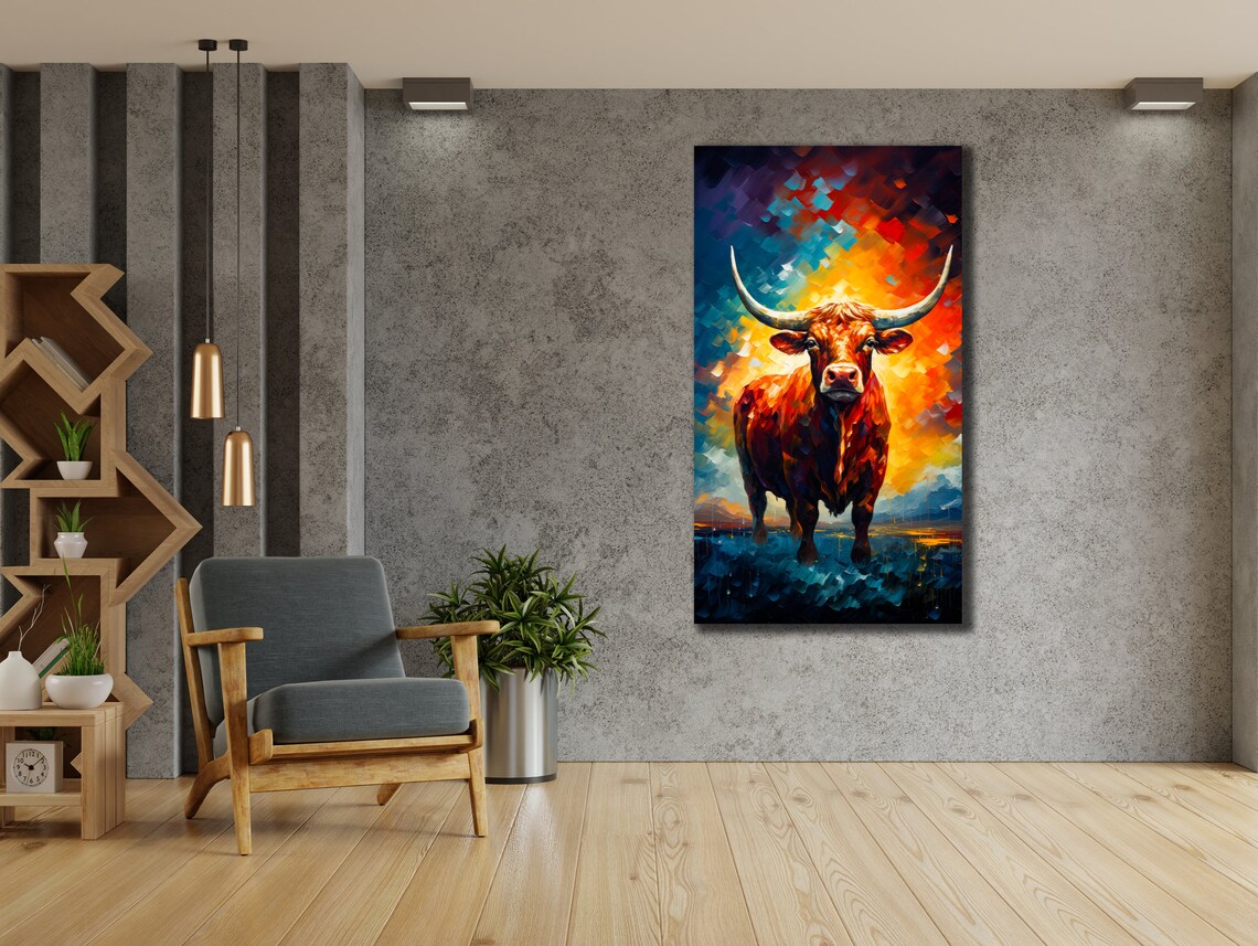 Texas Longhorn Bull Colorful Mosaic Sunset Rustic Animal Art Poster - Image 3