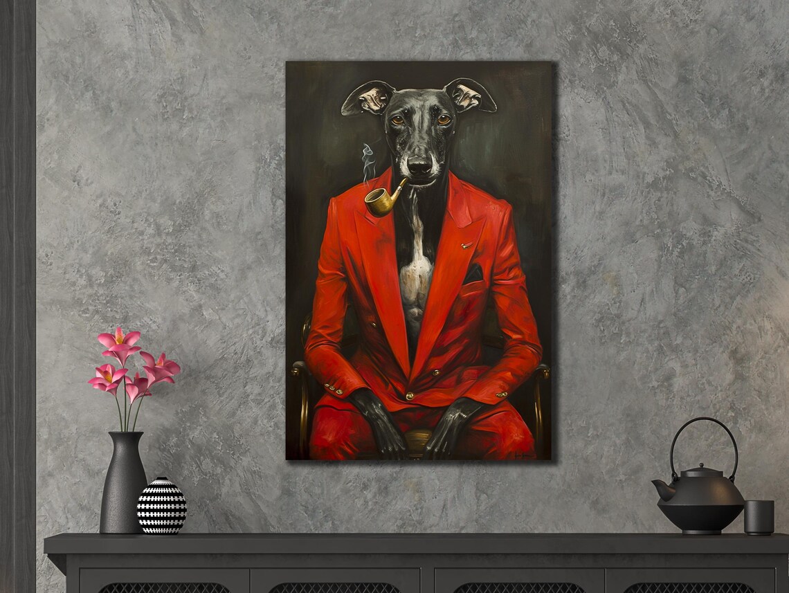Greyhound Dog In Red Suit Smoking Pipe Funny Vertical Portrait Poster - Image 3
