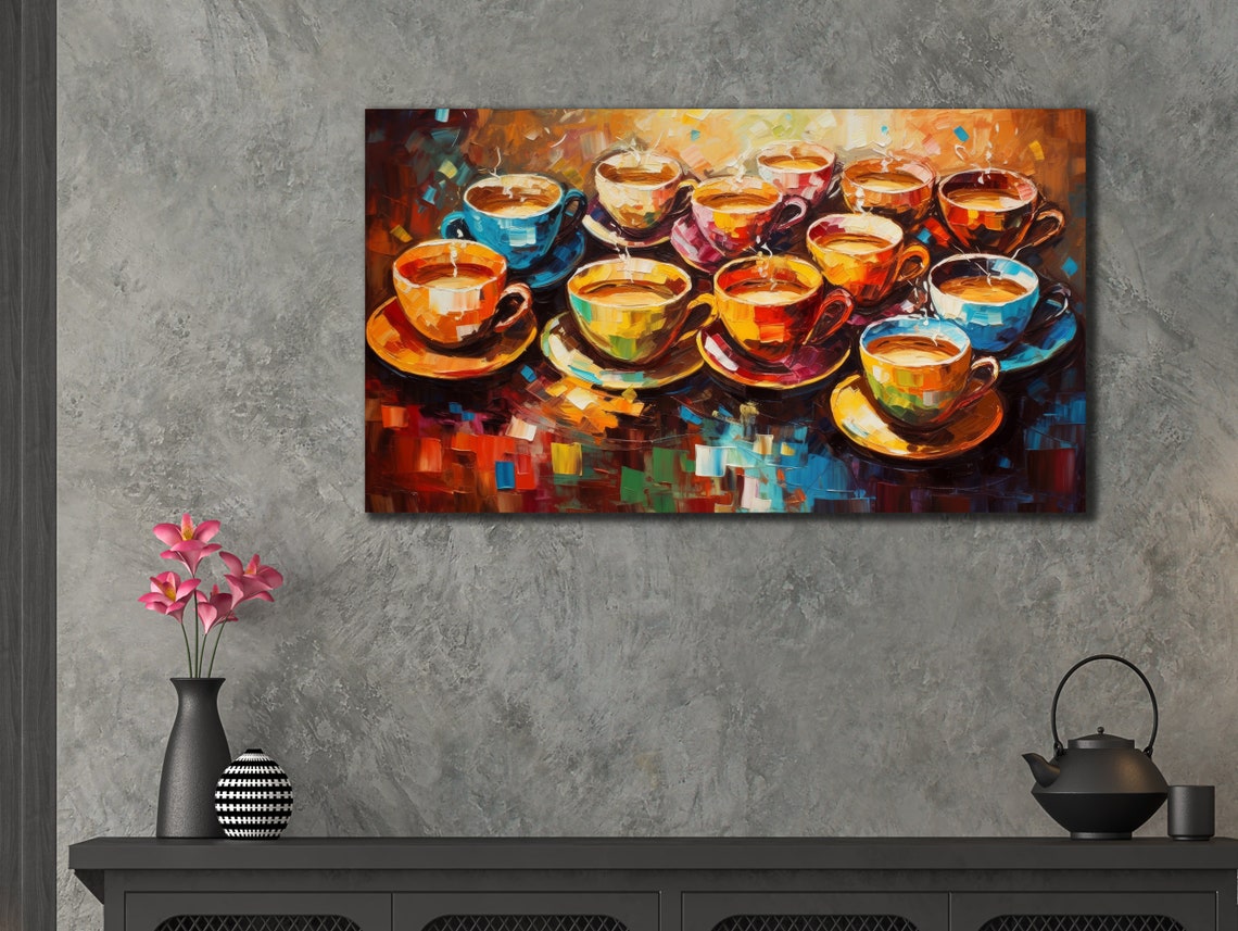 Rows Of Colorful Coffee Cups Impasto Kitchen Decor Painting Poster - Image 3