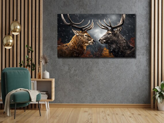 Two Majestic Stags Facing Off in Snowy Winter Forest Wildlife Poster