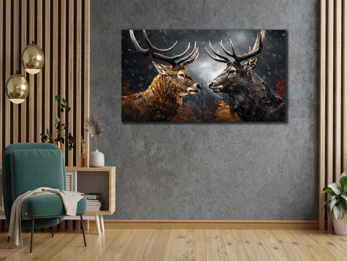 Two Majestic Stags Facing Off in Snowy Winter Forest Wildlife Poster