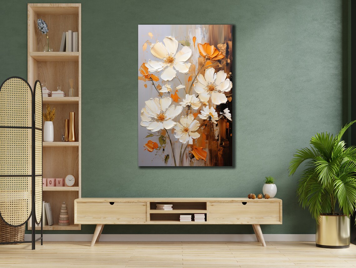 White Cosmos Flowers Orange Accents Impasto Floral Wall Art Print - Image 2