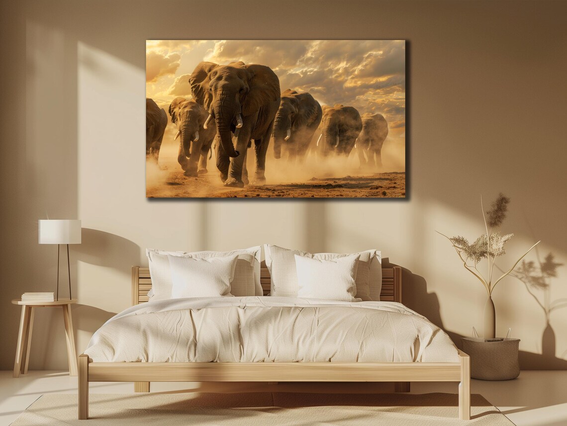 Elephant Herd at Sunset Golden Dust African Safari Photography Poster