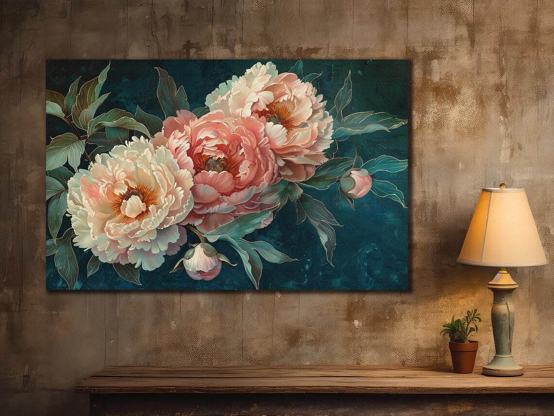 White Blush Peonies Dark Teal Chinoiserie Floral Wall Art Poster - Image 3