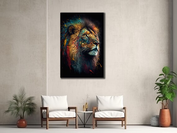 Majestic Lion Head Colorful Mane Black Background Wildlife Wall Art Poster