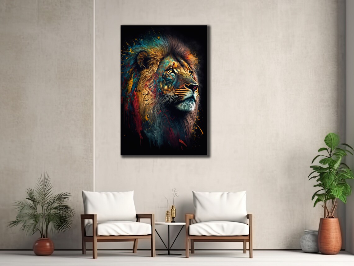 Majestic Lion Head Colorful Mane Black Background Wildlife Wall Art Poster