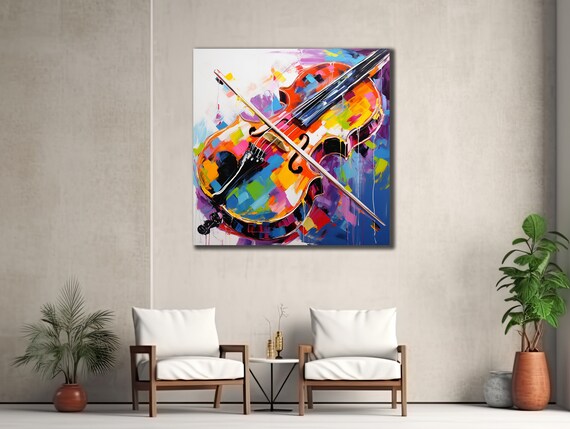 Vibrant Violin and Bow Rainbow Colors Music Instrument Wall Art Poster