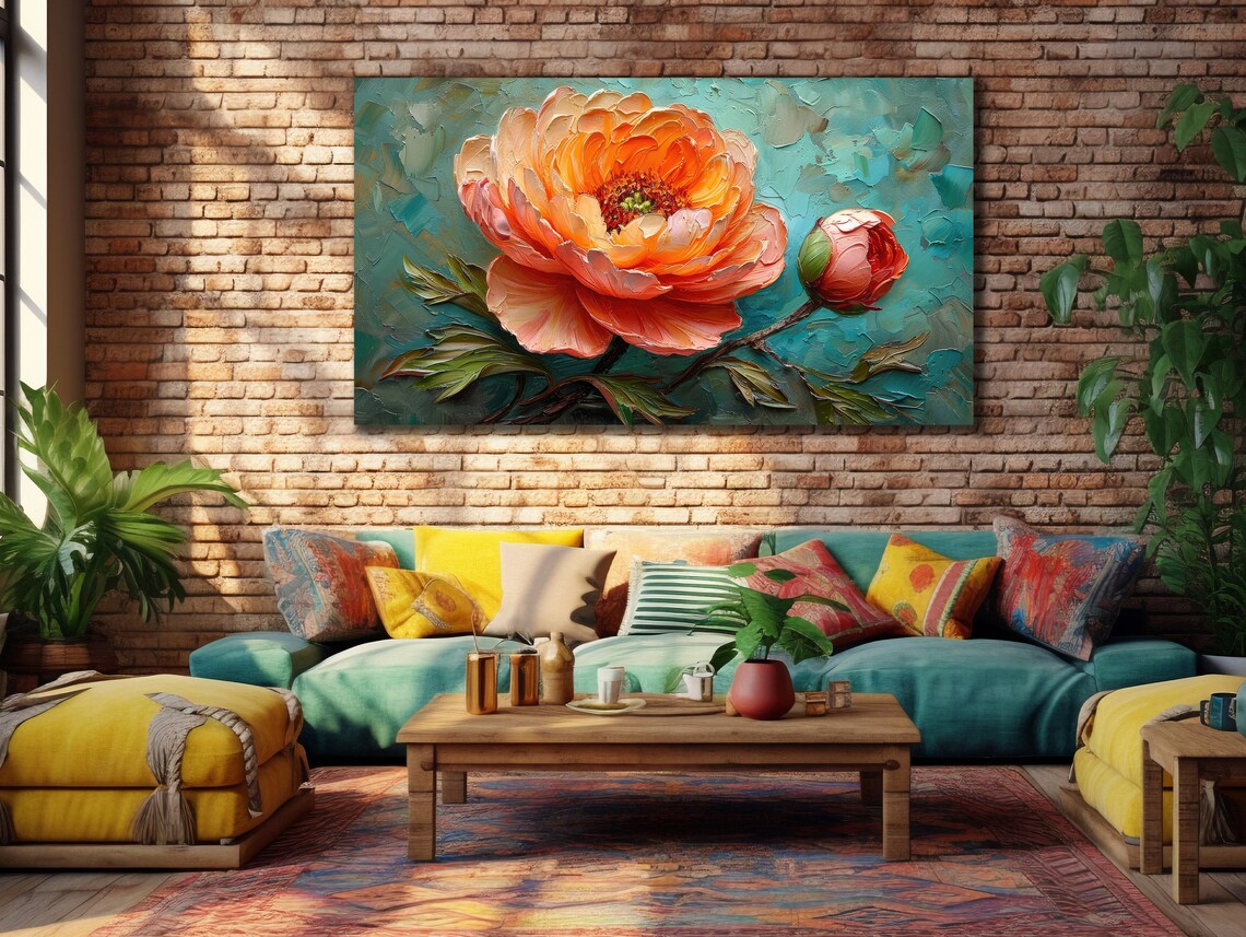 Orange Peony Blossom Impasto Oil Painting Floral Wall Art Poster