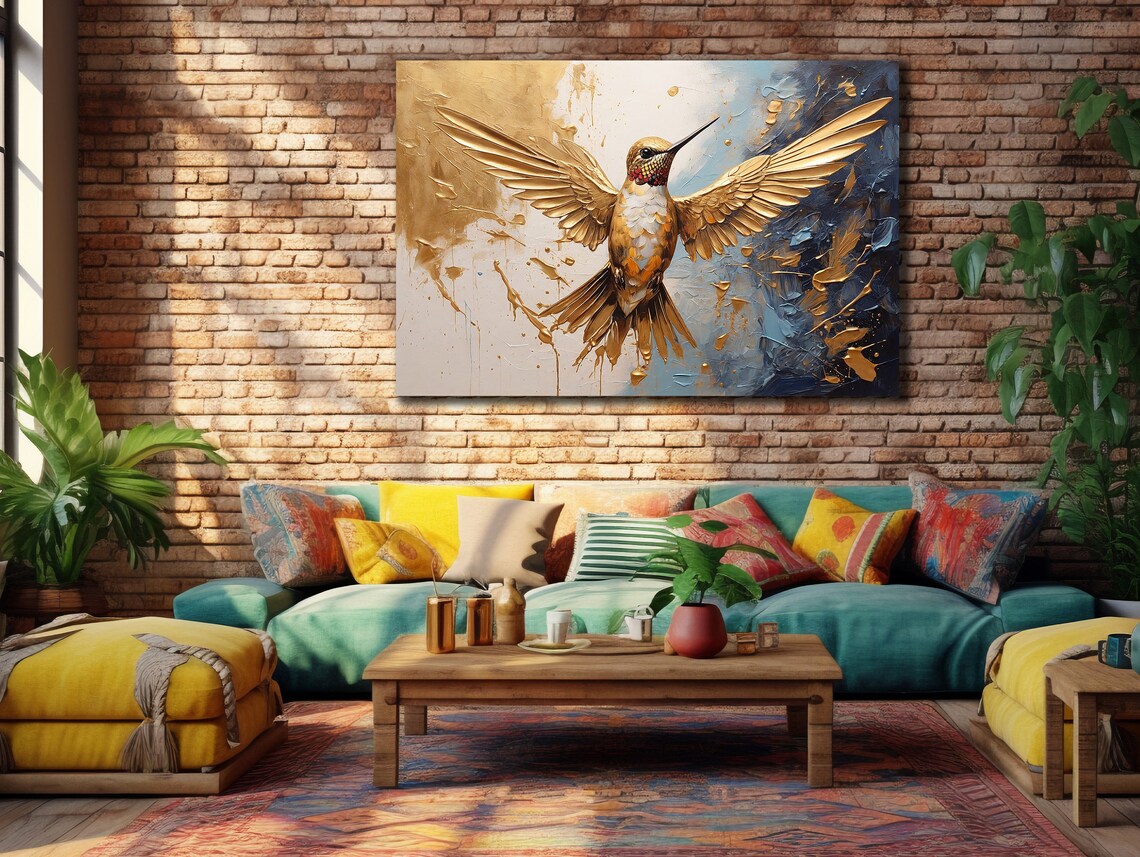 Golden Hummingbird Spread Wings Blue Gold Abstract Bird Wall Art