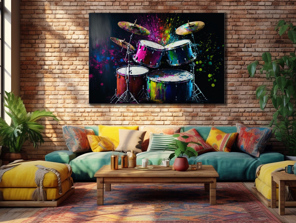 Neon Painted Drum Kit Dark Stage Music Instrument Wall Art Poster - Image 3
