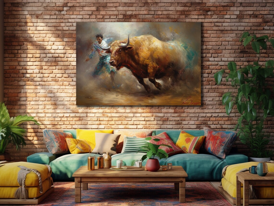 Charging Bull Bullfight Matador Dusty Arena Oil Painting Animal Print - Image 3