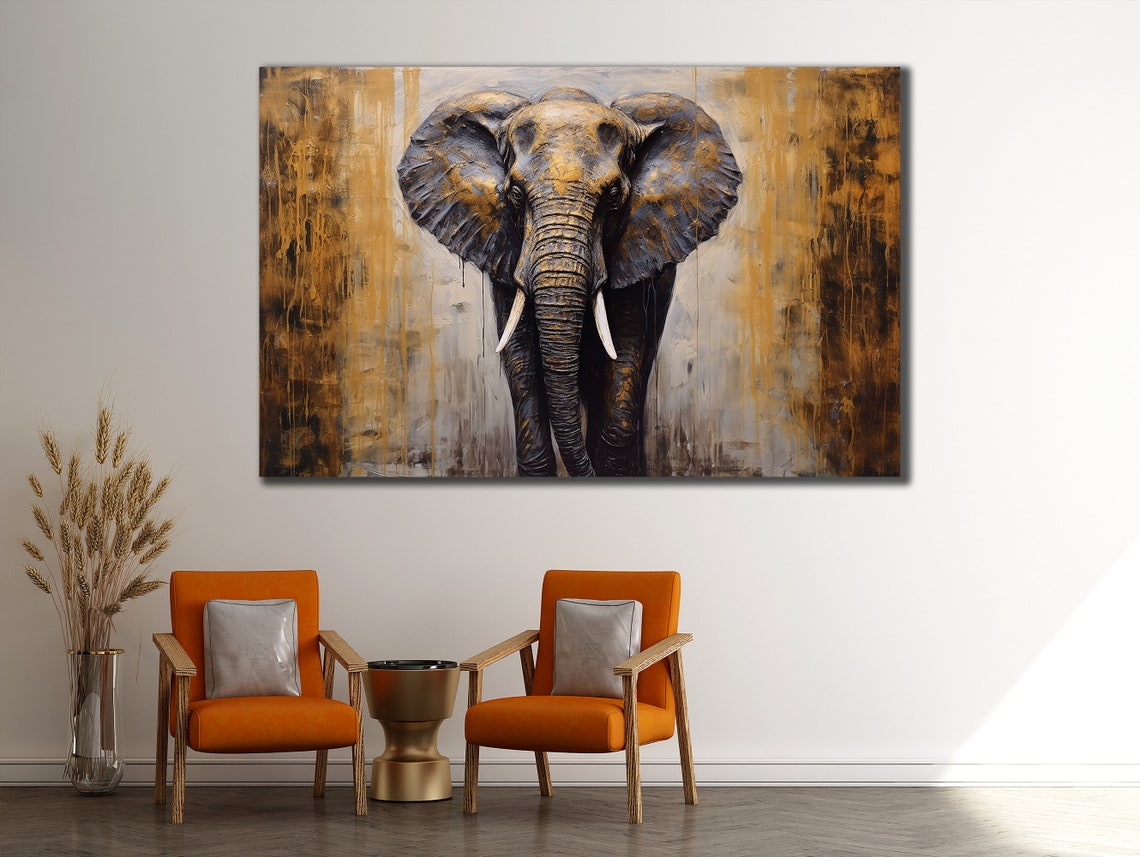 African Elephant Gold Gray Abstract Drip Painting Portrait Poster - Image 2