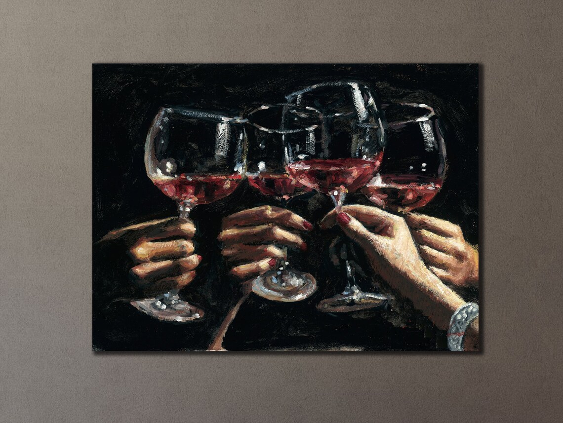 Red Wine Glasses Toast Celebration Dark Oil Painting Wall Art - Image 2