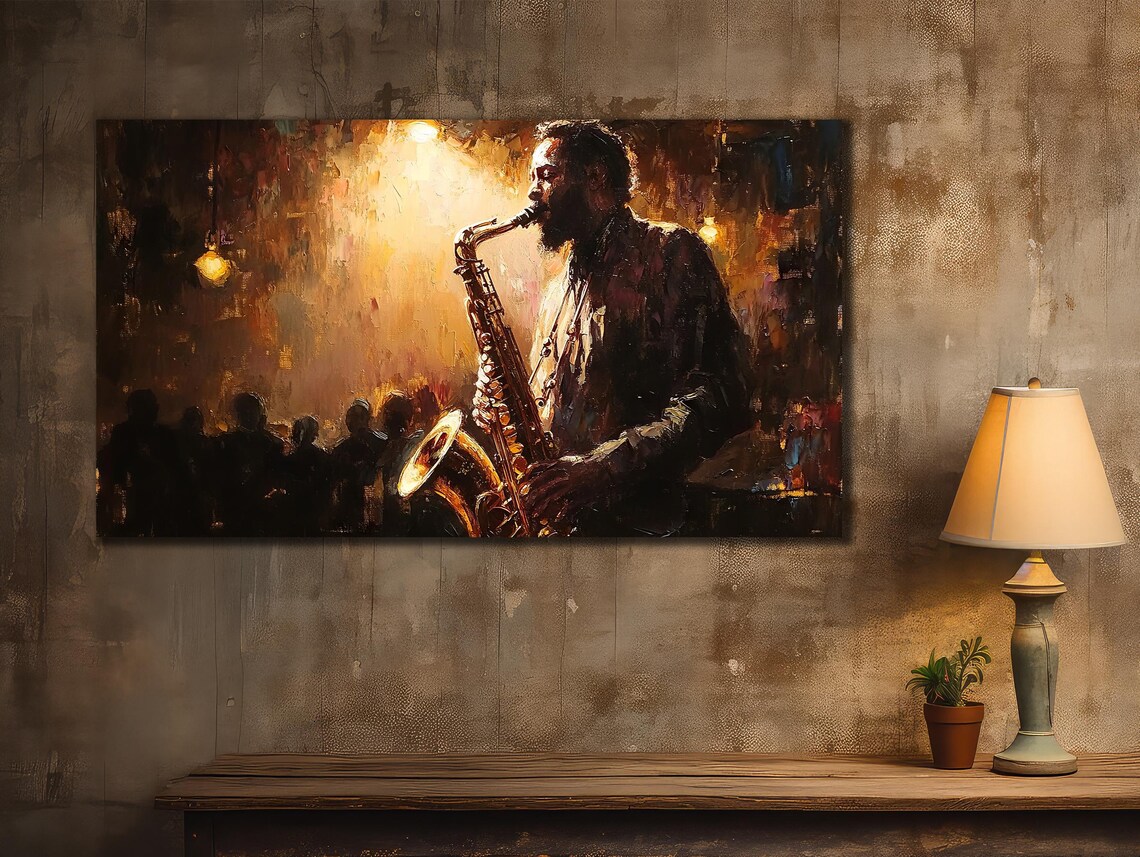 Jazz Saxophone Player Dark Club Golden Light Music Painting Poster - Image 2