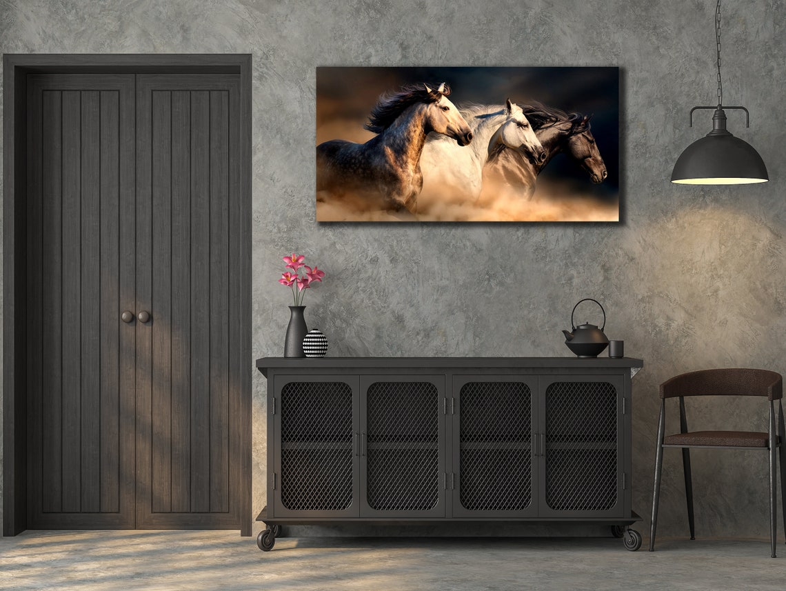 Three Wild Horses Running Through Dust Dramatic Equine Art Poster - Image 2