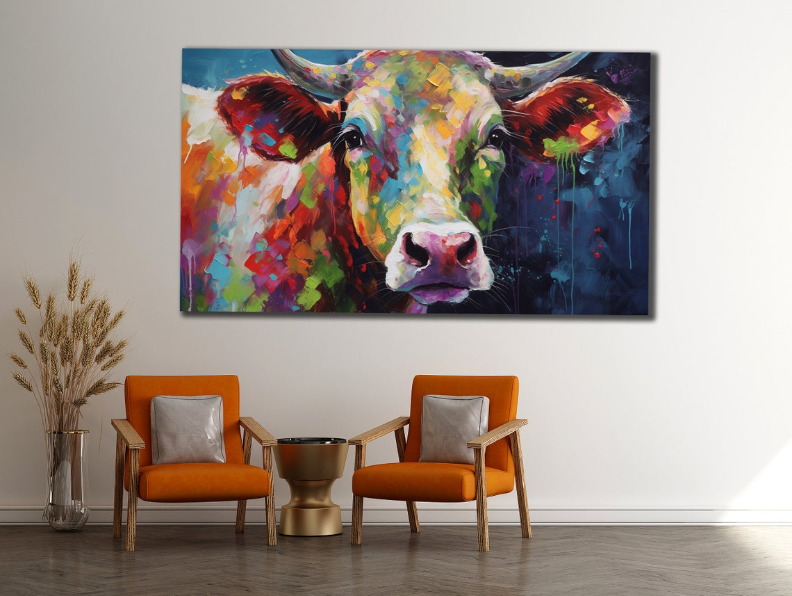 Colorful Cow Printing Cow Wall Decor Abstract Animal Wall Art Painting On Colorful Animal Art Farmhouse For Gifts