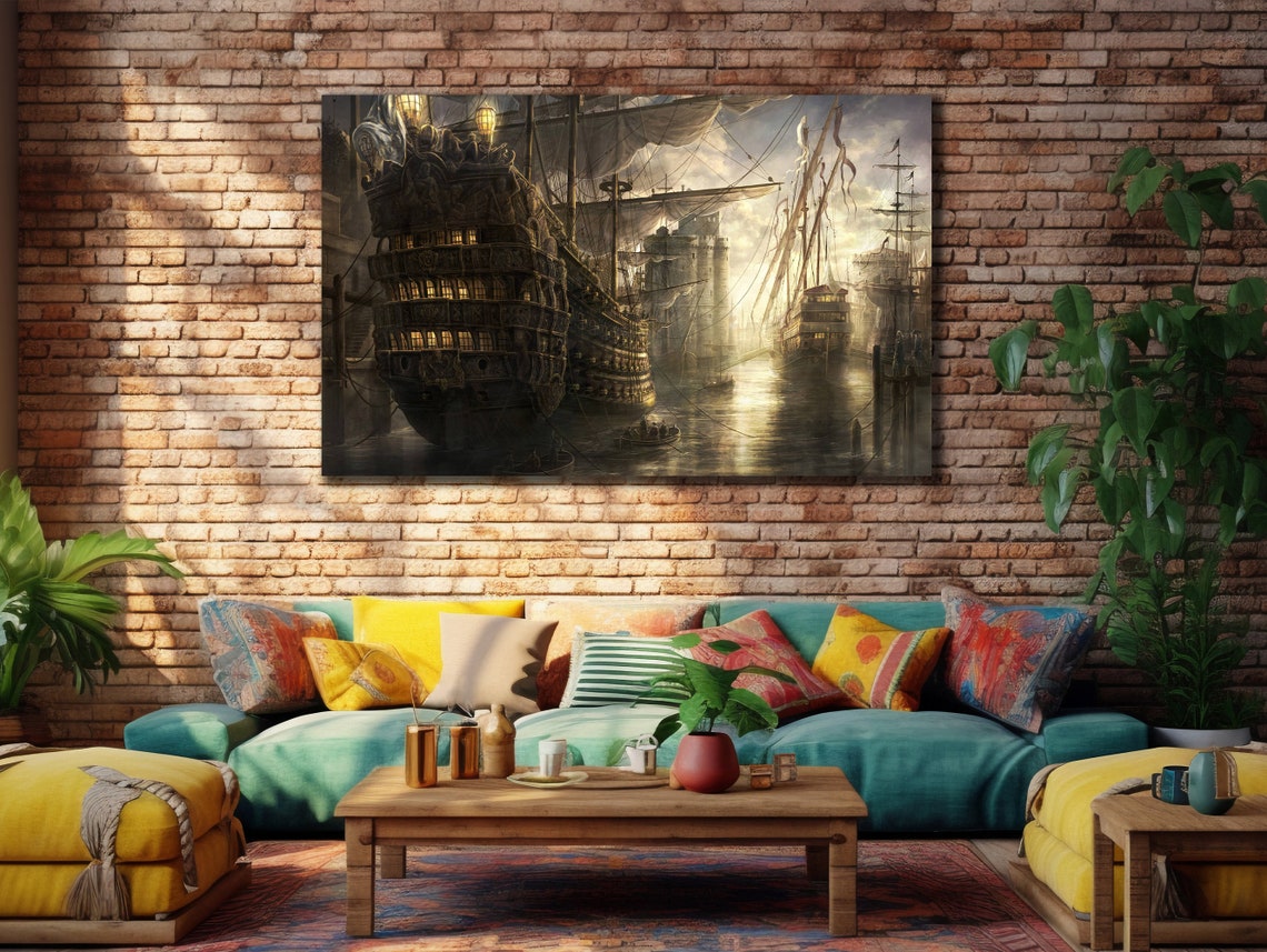 Tall Sailing Ship Golden Harbor Sunset Nautical Seascape Wall Art - Image 3
