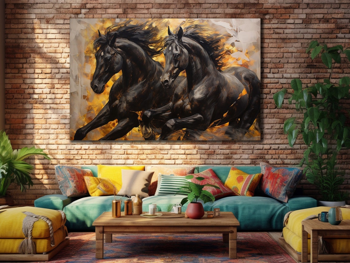 Two Black Horses Galloping Through Fiery Golden Sunset Abstract Poster