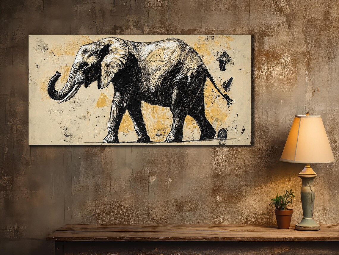 African Elephant Sketch Ink Drawing Gold Splatter Safari Animal Wall Art Poster - Image 2