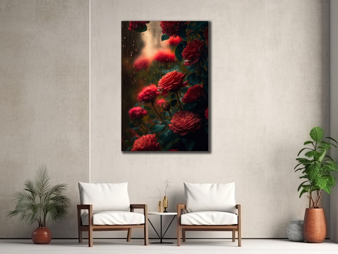 Red Roses Rain Drops Dark Romantic Floral Photography Wall Art - Image 2