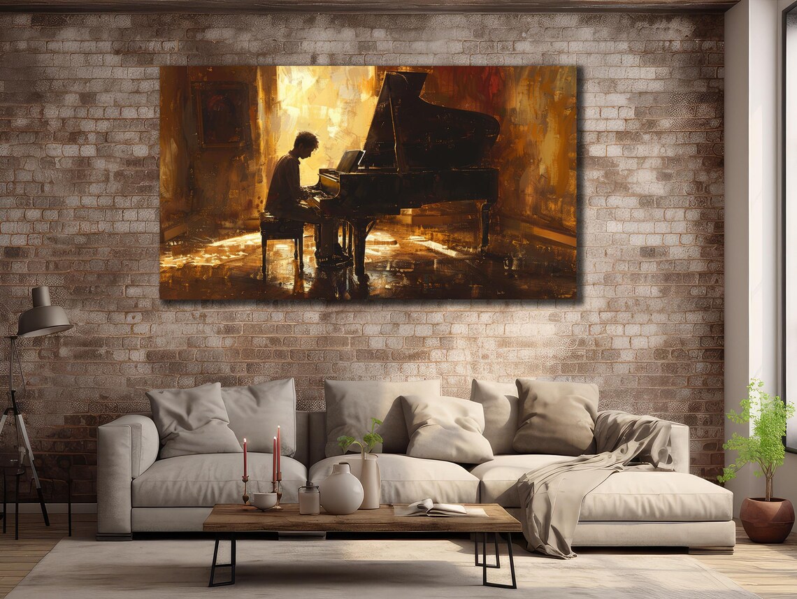 Pianist at Grand Piano Golden Light Oil Painting Music Lover Art Poster - Image 3