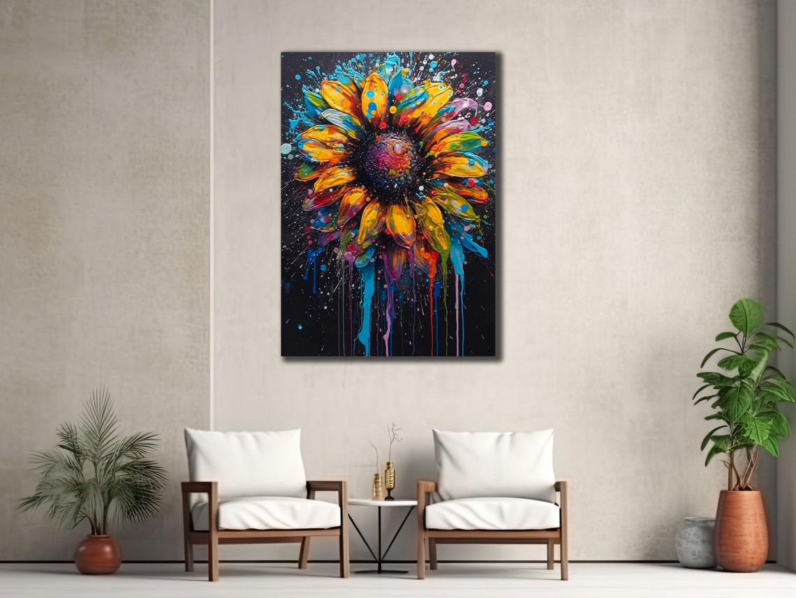 Vibrant Sunflower Black Background Colorful Drips Floral Art Poster - Image 2