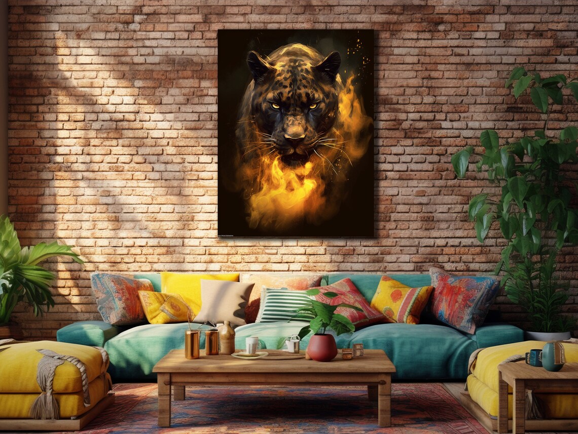 Fiery Leopard Head Golden Flames Dark Background Big Cat Wildlife Art Poster - Image 3