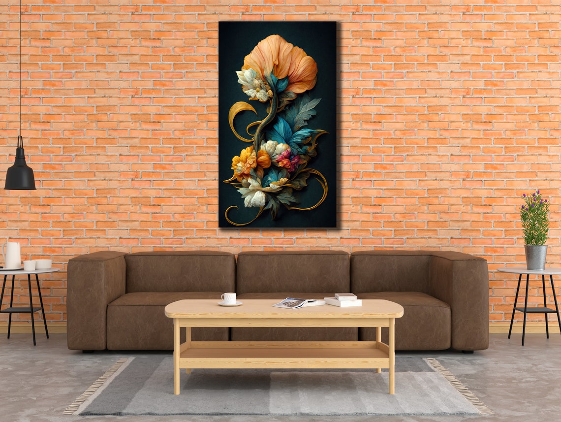 Baroque Floral Bouquet Orange Teal Gold Dark Background Art Poster - Image 3
