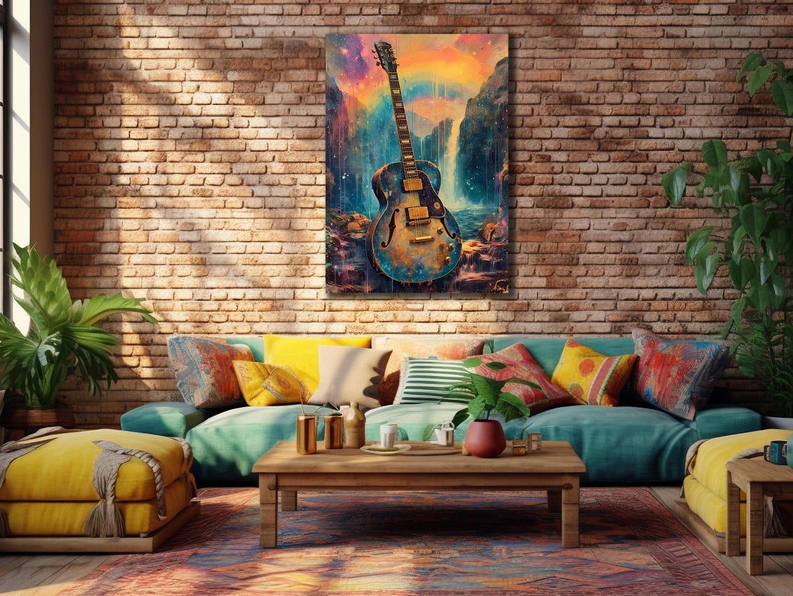 Electric Guitar Waterfall Galaxy Scene Surreal Musical Art Poster - Image 2