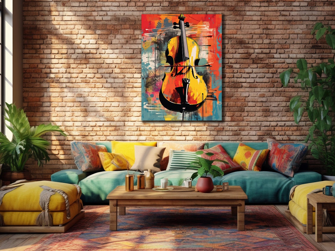 Cello Standing Abstract Brushwork Orange Yellow Strings Art Poster