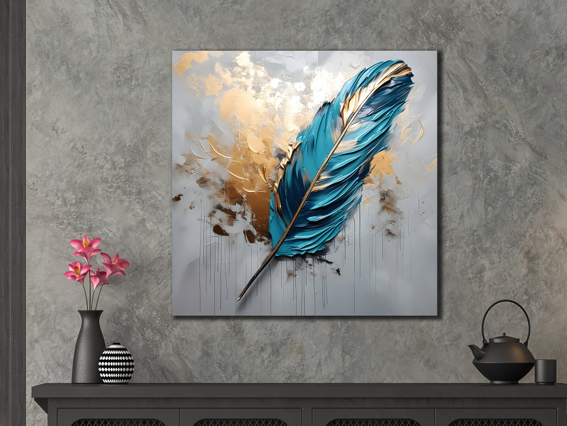 Turquoise Feather Gold Accents Elegant Minimalist Artwork Poster