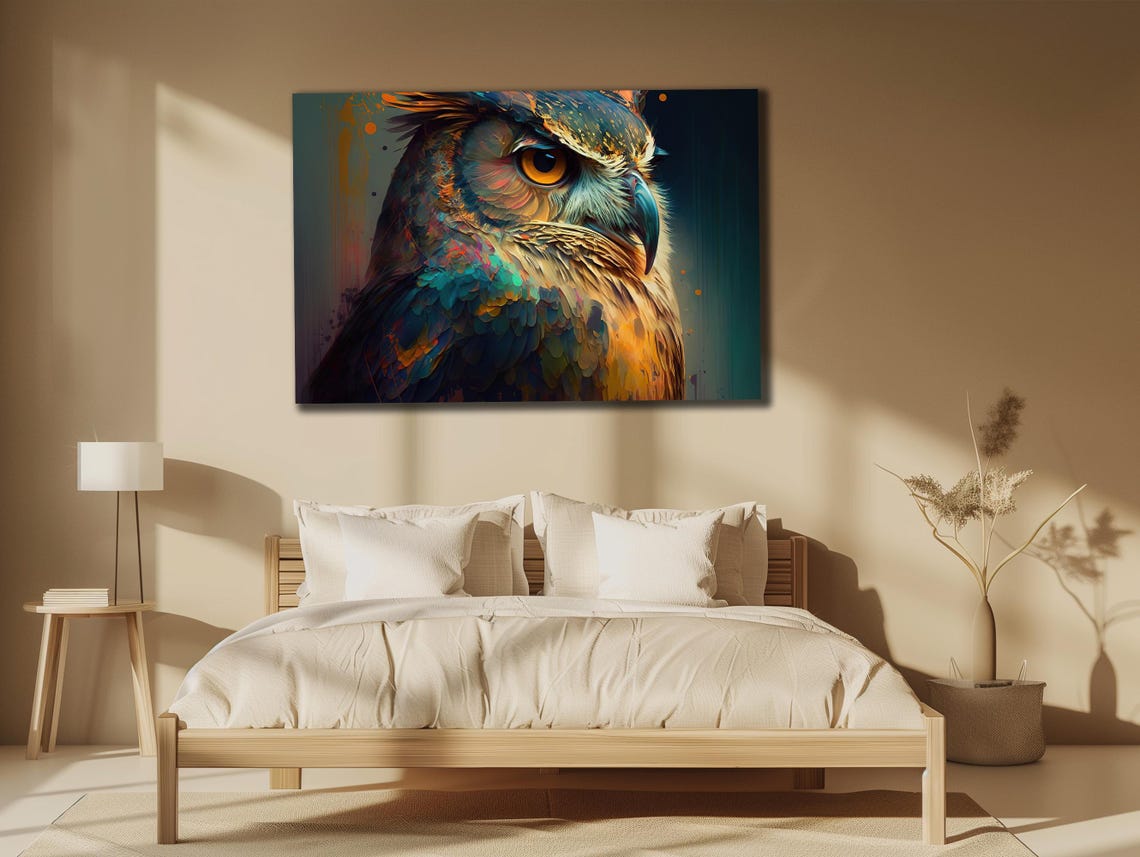 Colorful Owl Portrait Teal Orange Feathers Amber Eye Art Poster - Image 2