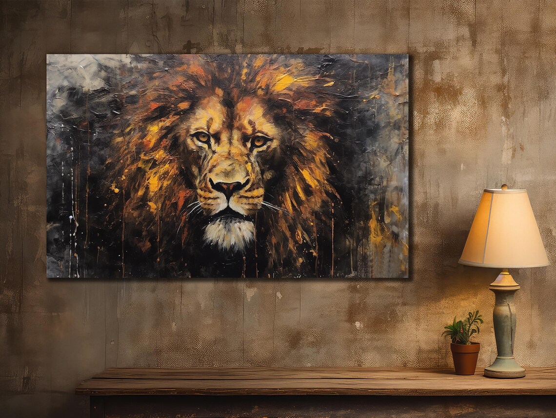 King Lion Portrait Golden Mane Dark Smoky Oil Painting Art Poster - Image 2