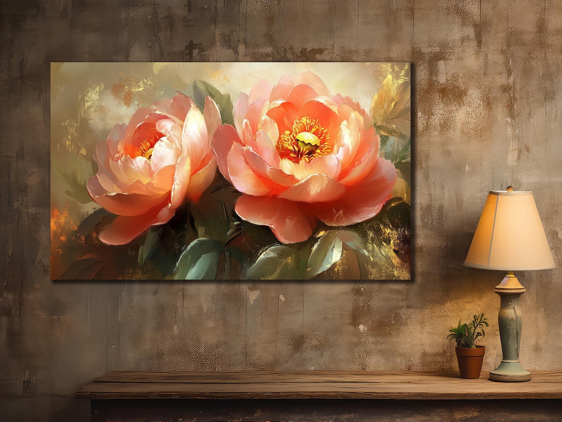 Coral Pink Peony Blossoms Golden Oil Painting Floral Wall Art Poster - Image 2