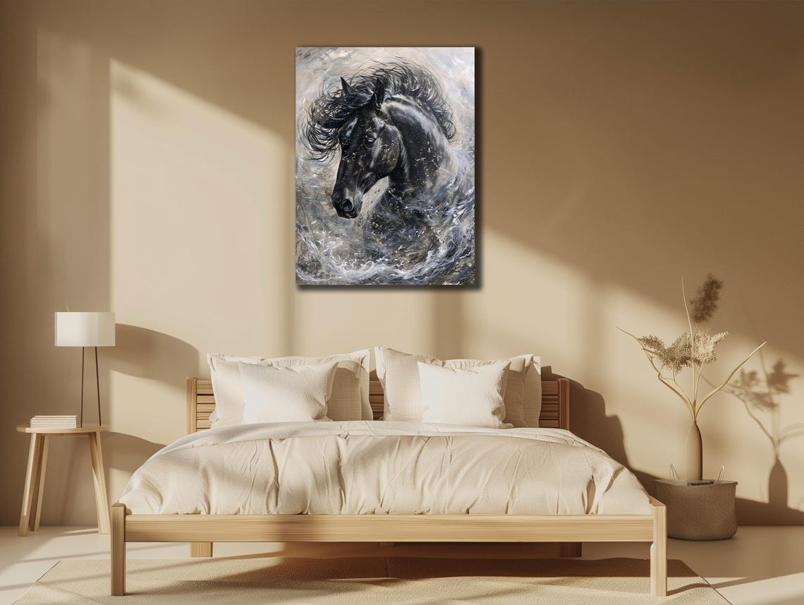 Black Horse Head Water Splash Monochrome Silver Motion Art Poster - Image 3