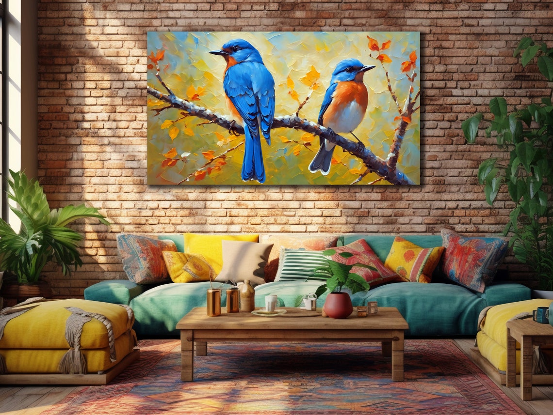 Bluebirds Perched on Autumn Branch Oil Painting Wall Art Poster - Image 2