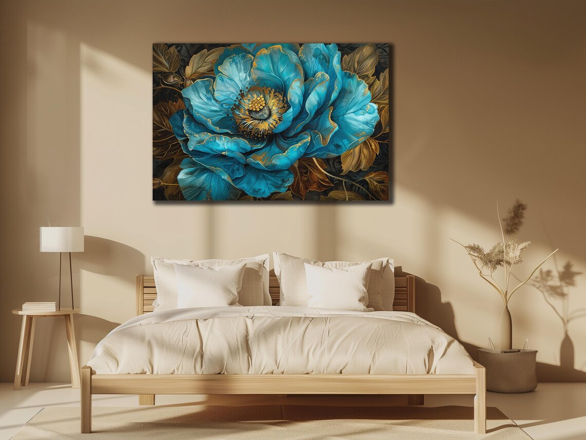 Blue Peony Flower Golden Detail Dark Botanical Floral Art Poster