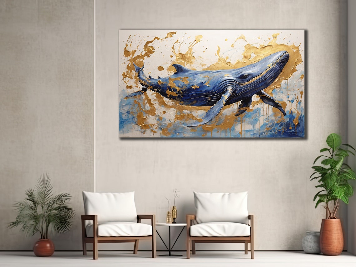 Blue Whale Gold Splash Abstract Ocean Painting Elegant Animal Poster - Image 2