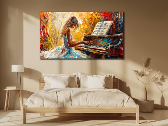 Woman Playing Grand Piano Colorful Impasto Oil Music Room Wall Art Print Poster