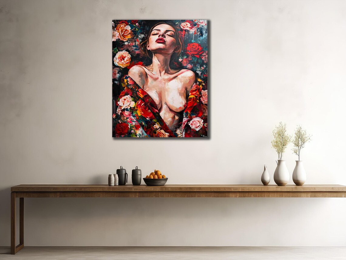Woman Among Roses Nude Floral Oil Painting Colorful Sensual Art Poster - Image 2