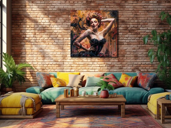 Vintage Pin Up Woman In Black Dress Retro Glamour Painting Poster