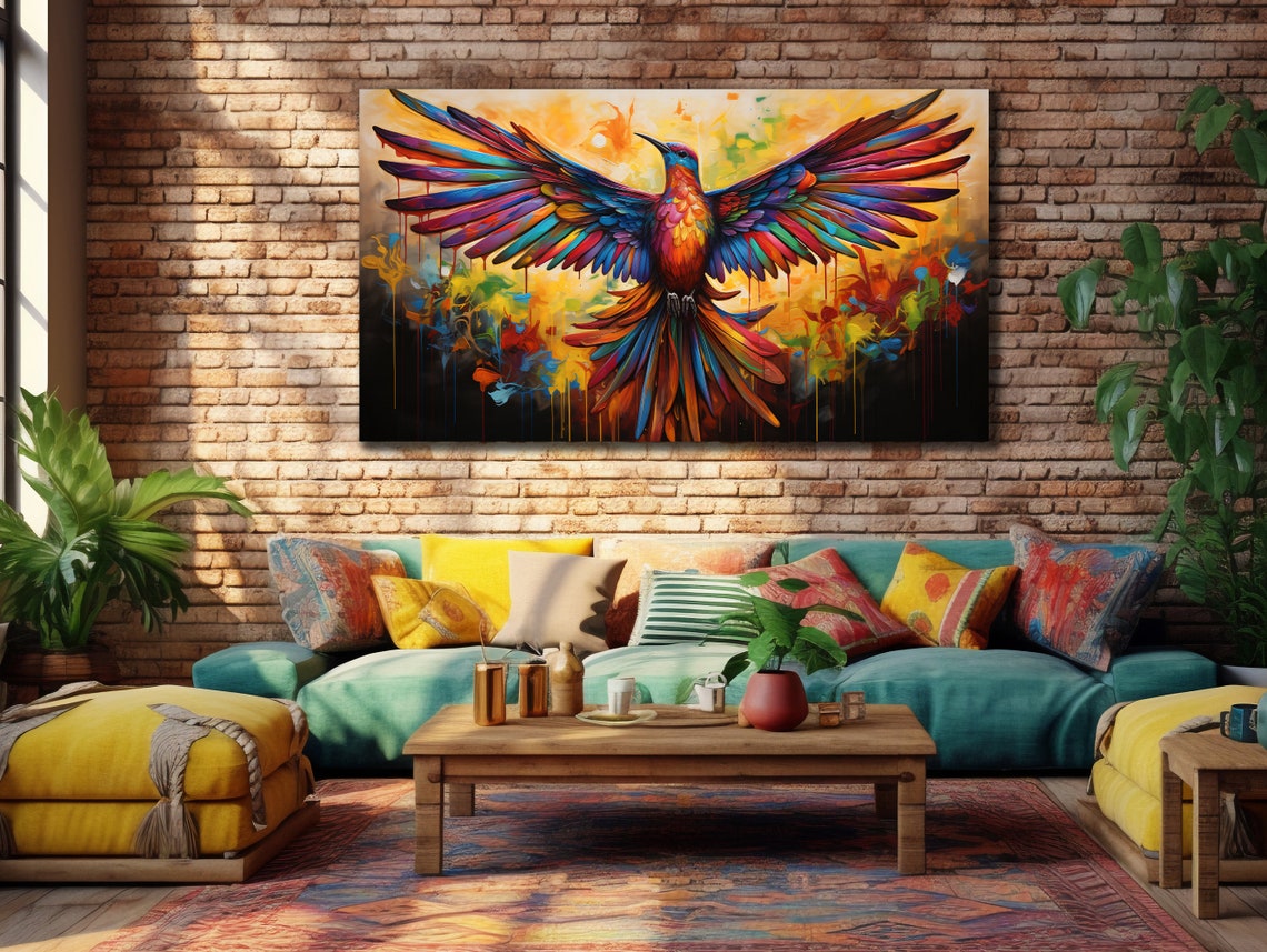 Rainbow Bird Spread Wings Phoenix Black Background Fantasy Wall Art