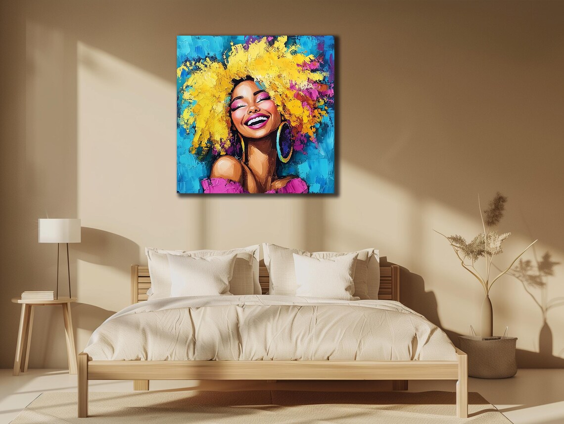 African Woman Laughing Yellow Afro Hair Bright Colors Art Poster - Image 3