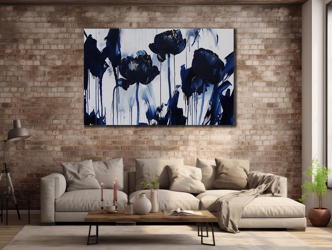 Navy Blue Flowers Abstract Dripping Paint Modern Floral Artwork Poster - Image 3