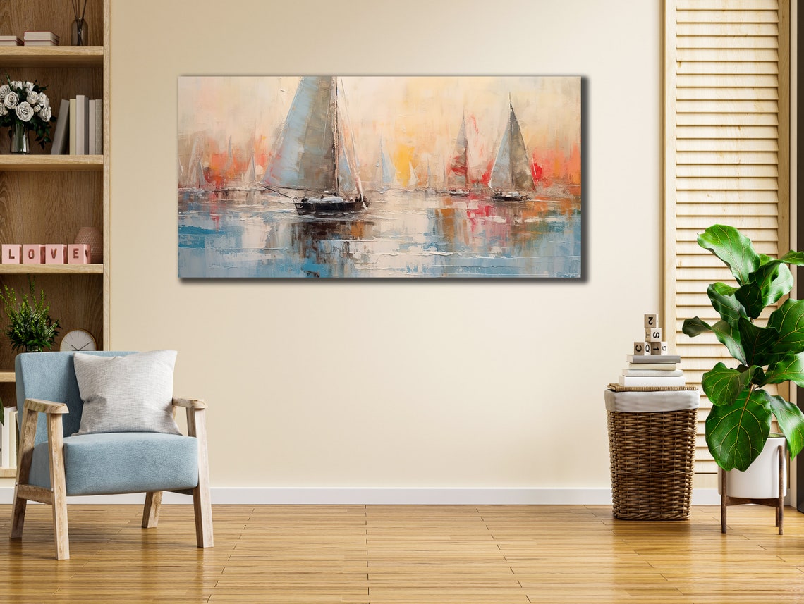 Abstract Sailboat Regatta Pastel Harbor Seascape Wall Art Poster - Image 2