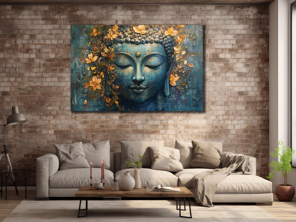 Buddha Face Golden Bloom Flowers Teal Blue Meditation Art Poster