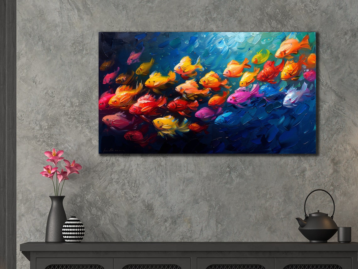 School of Colorful Tropical Fish Deep Blue Sea Oil Painting Poster - Image 3
