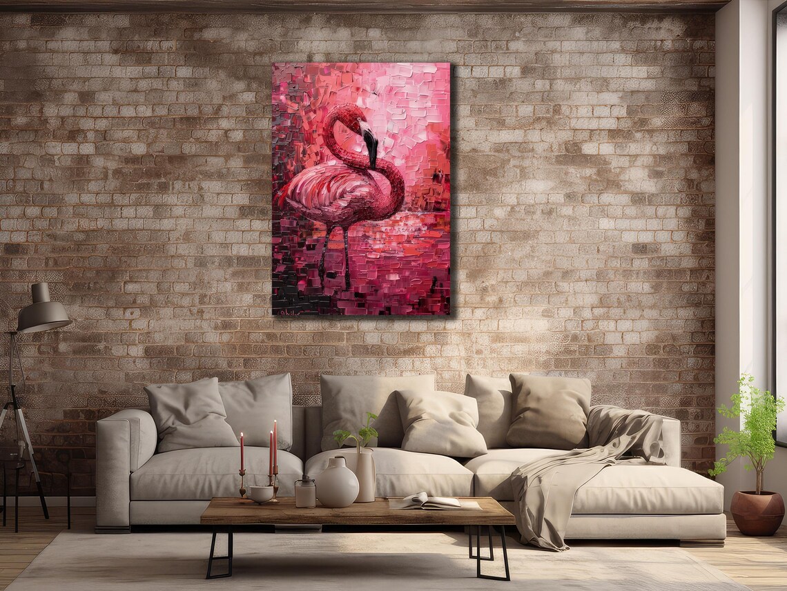 Pink Flamingo Mosaic Impasto Painting Textured Vibrant Bird Poster - Image 2